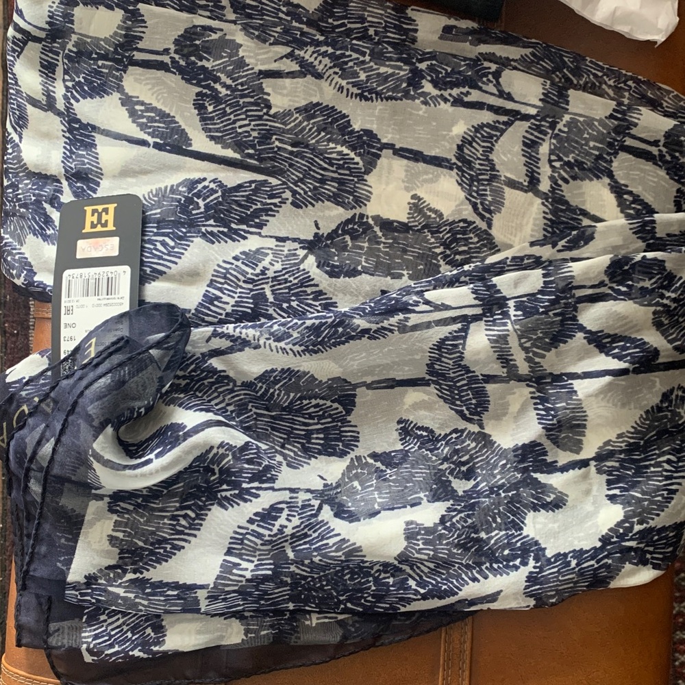 Escada silk Navy and Cream Leaf Print Scarf